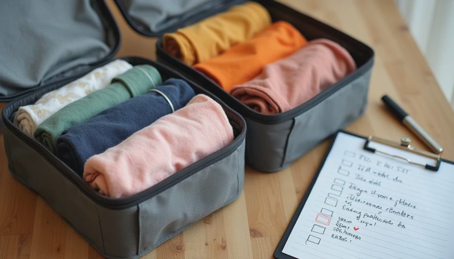 Close-up of efficiently packed children's clothes in packing cubes with checklist