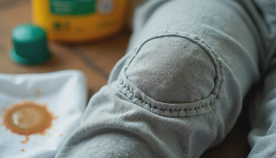 Close-up of jogger knee fabric texture and stitching after repeated washing and play