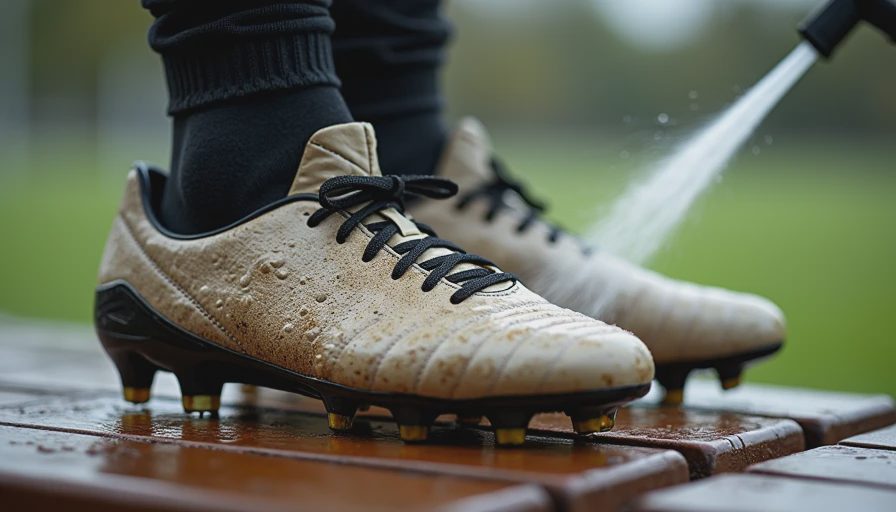 Cleaning muddy soccer cleats after game with water spray