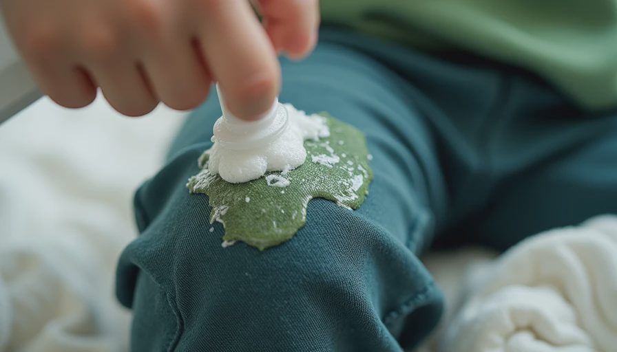 Applying stain remover spray to grass stain on children's pants knee