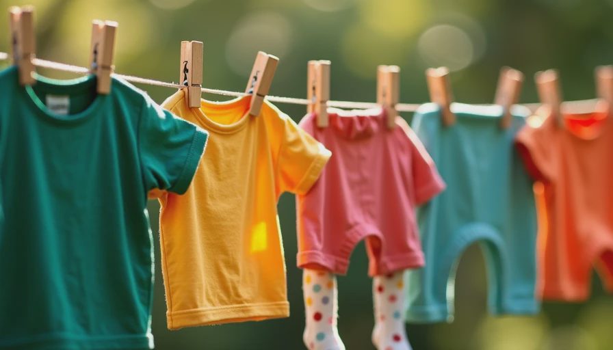 Children's clothes hanging on outdoor clothesline in sunlight