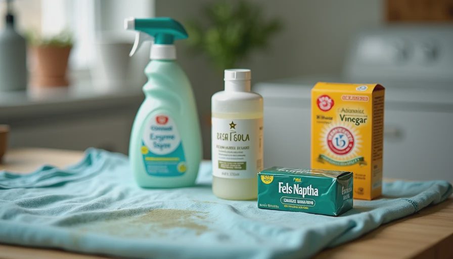 Stain removal products and tools next to pre-treated children's shirt