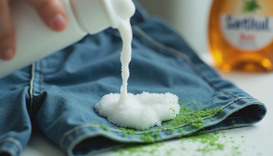 Applying enzyme stain remover to grass stain on kids clothing fabric