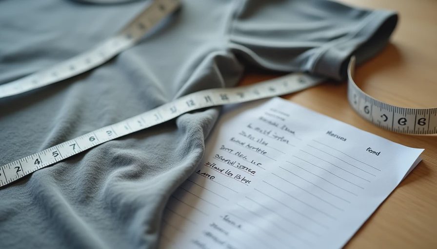 Measuring children's clothing with tape and recording sizes in notebook